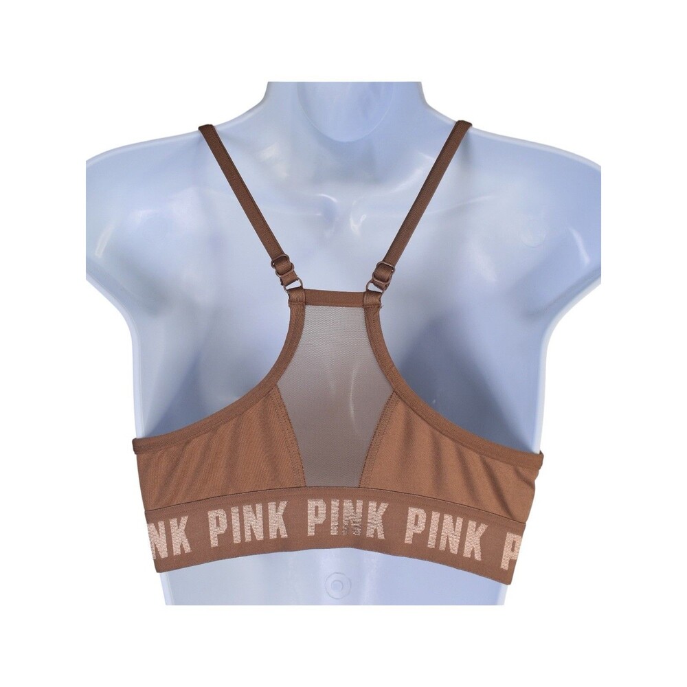 Victoria’s Secret PINK Active Brown Bralette Sports Bra Racerback Logo Size S - Picture 4 of 11